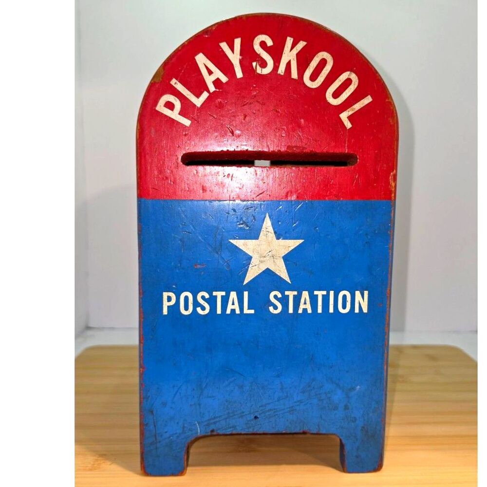 Vintage 1940s Playskool Postal Station Mailbox Shape Sorter Toy Wooden antique